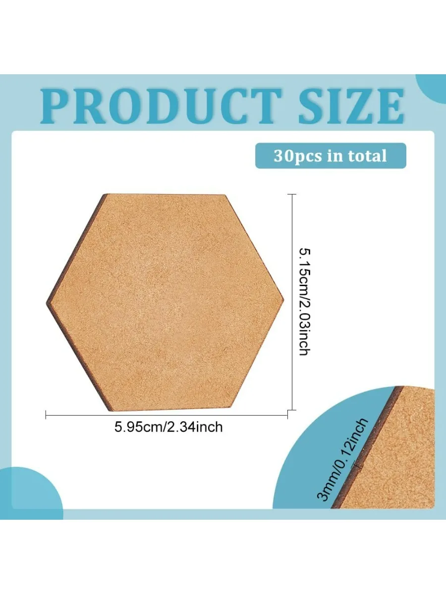 30 Pcs Hexagon MDF Bases 2x2.3x0.12 inch Unfinished Hexagon Wood Pieces Burlywood Blank Wooden Tile Slabs Cutouts Slices Wood