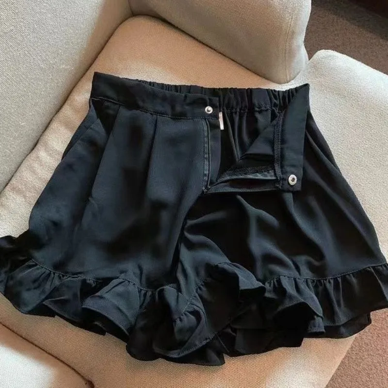 

Базовые шорты для женщин, универсальные шорты с оборками, милая летняя одежда для девочек, однотонная эластичная талия для колледжа, новая минималистичная уличная ниша