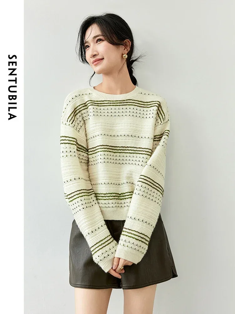 SENTUBILA Women Wool Knitted Striped Pullovers   2024 Autumn Bright Line O Neck Drop Sleeve Simple Cont Tops W43E56352