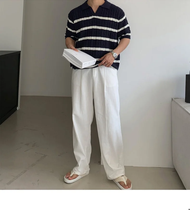 Horizontal Stripe Cable Knit Polo Shirt Men Short Sleeve V‑Neck Turn‑Down Collar Loose Fit Retro Breathable Summer Tops