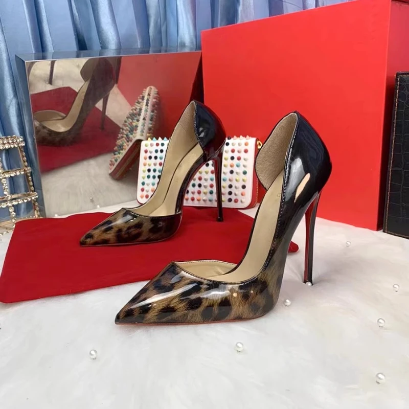 

European and American leopard print gradient black side empty shallow mouth exposed toe sexy pointed thin heel super high heels