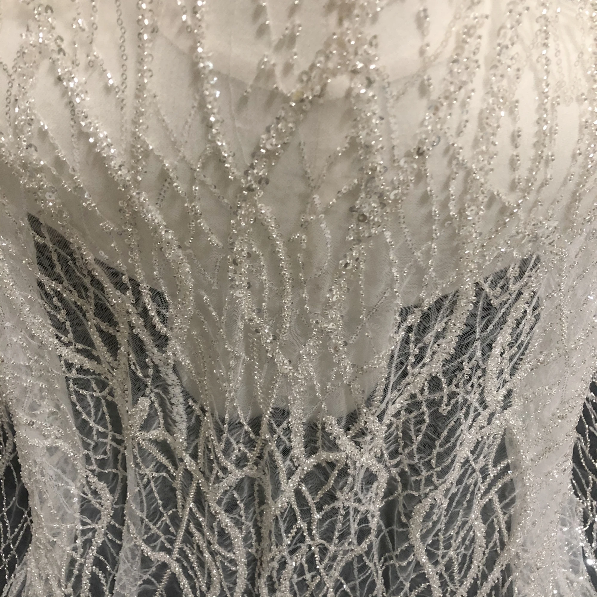 Line Sense Precision Silver Sequin Beads Embroidery Private Custom Wedding Evening Dress Lace Fabric