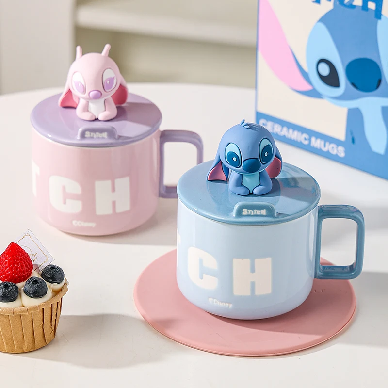 2024 Disney Stitch Ceramic Water Cup With Lid Water Cup For Couples Drinking Water Cup For Girls Angel Birthday Gift For Friends