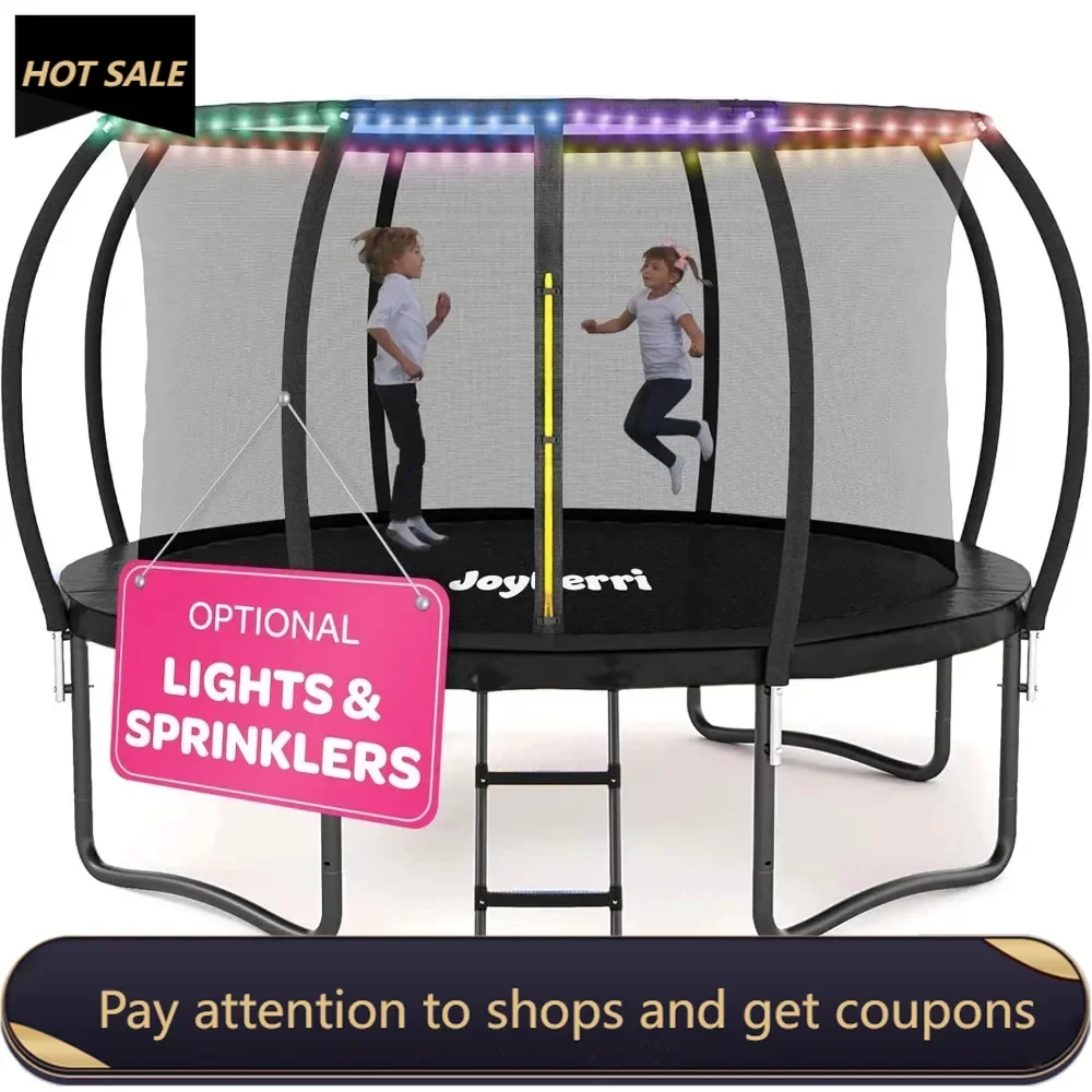 Trampoline - 12Ft Trampoline with Net - with Bonus Sprinkler and LED Lights/Extra Sturdy Recreational Outdoor Trampolines