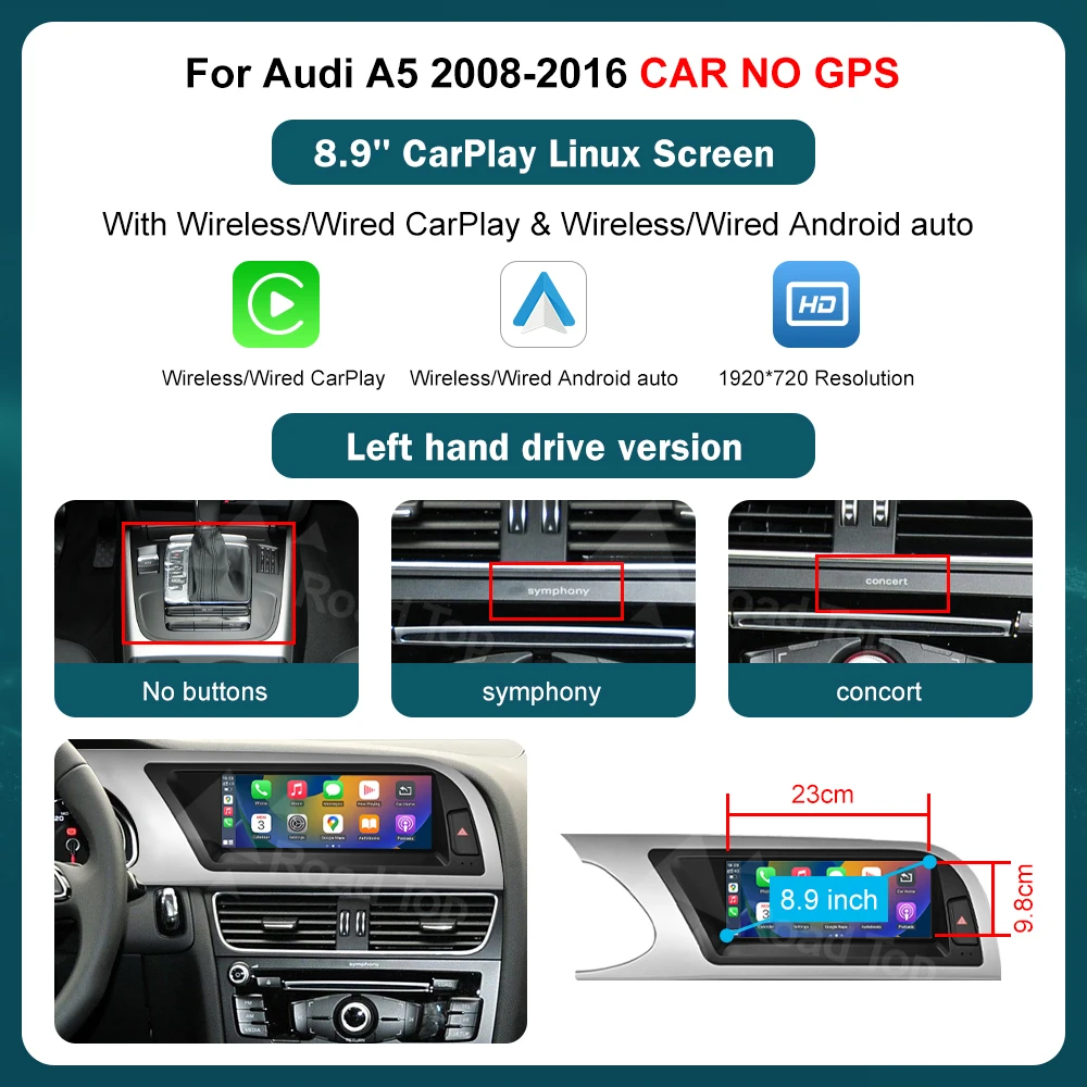 12.3 inch Draadloze CarPlay Multimedia Scherm Android Auto Voor Audi A5 2008-2016 Airplay Autolink