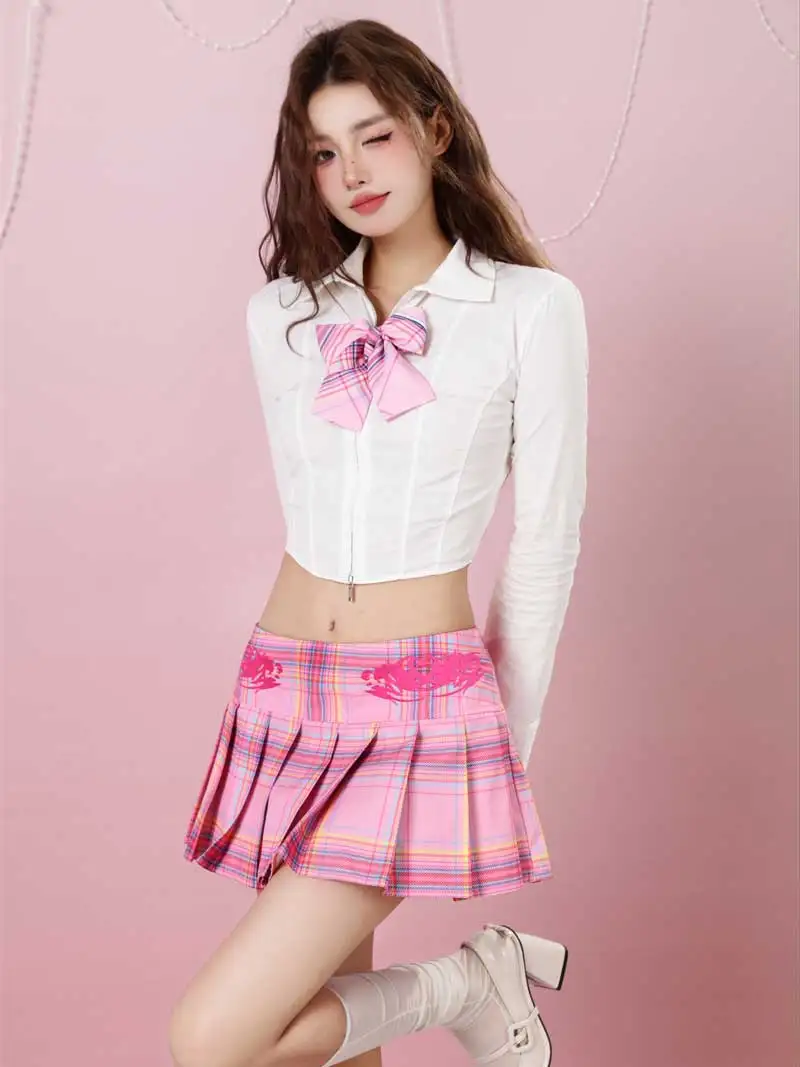 REDDACHiC Jk Shirt Skirt Women 2-piece Set Y2k Retro Bow Long Sleeves White Blouse Top Plaid Pink Pleated Miniskirt Uniform Suit