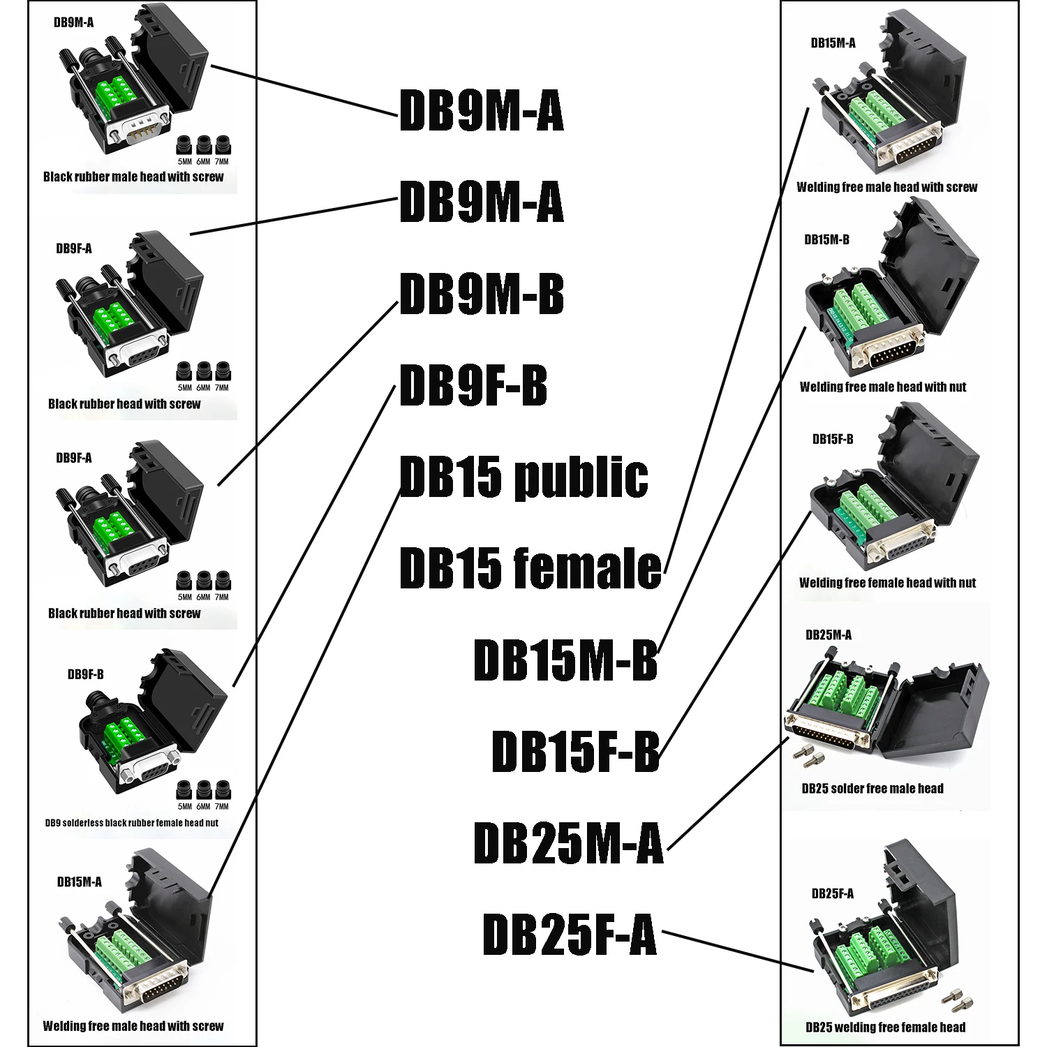 DB9/DB15/DB25 Two Row Pin Serial Port Solderless Joint RS232/485 Solderless Plug Joint Male Connector Does Not Require Welding