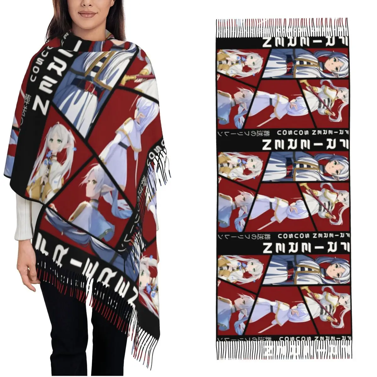 Frieren Beyond Journey's End Shawls Wraps for Womens Winter Large Soft Scarf Anime Girl Pashmina Tassel Scarves