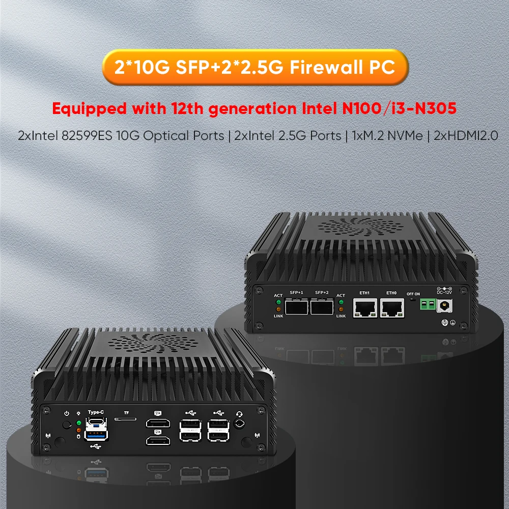 2024 Intel i3 N305 N100 Soft router12 Gen Firewall Mini PC2x10G SFP + 2xi226-V 2.5G 1xNVMe 2xHD DDR5 MiniPC NAS Server Proxmox