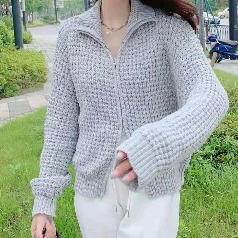 Generous Collar Zipper Mesh Knitted Cardigan Jacket for Fall Winter 2022 Korea Style Leisure Design Short Loose Sweater Cardigan