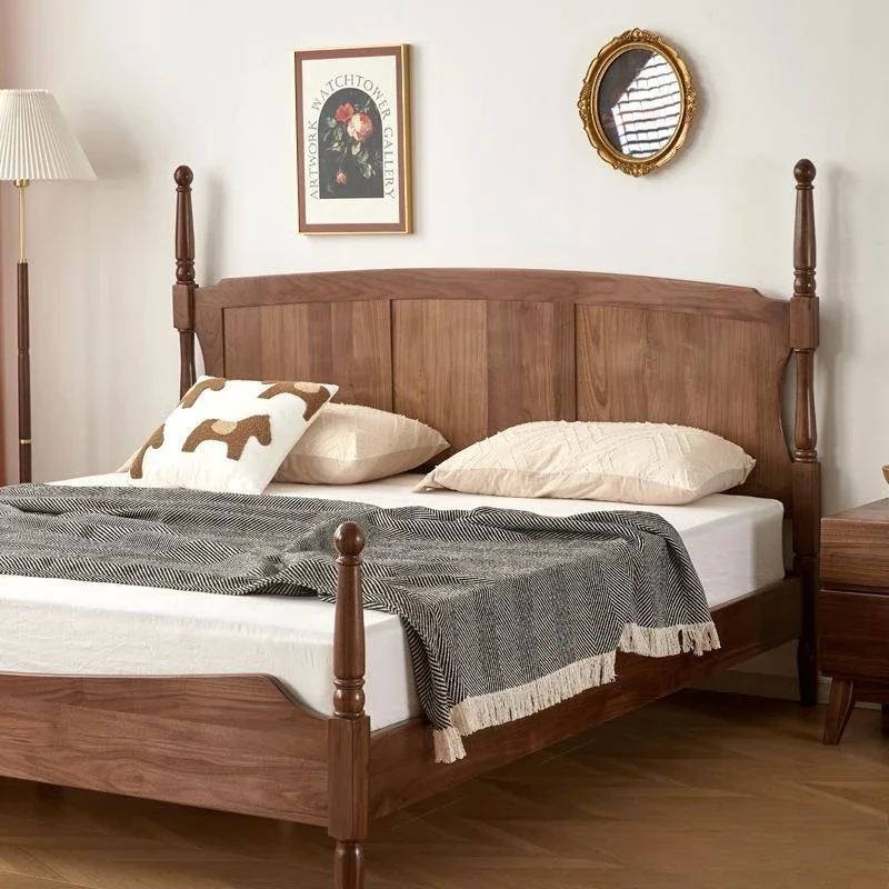 Nordic retro solid wood   Modern simple black walnut double   Japanese log cherry master bedroom Waner bed