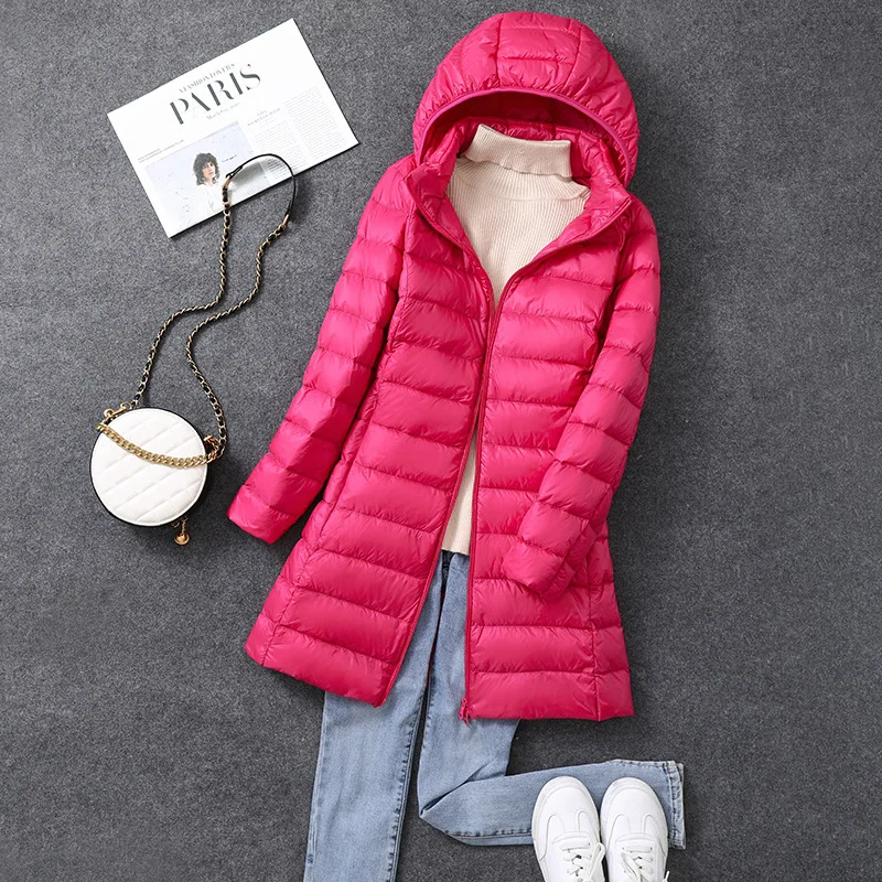 Women\'s X-long Office Lady Hat Detachable Puffer Jackets 2023 New Arrival Autumn Winter White Duck Down Warm Coat