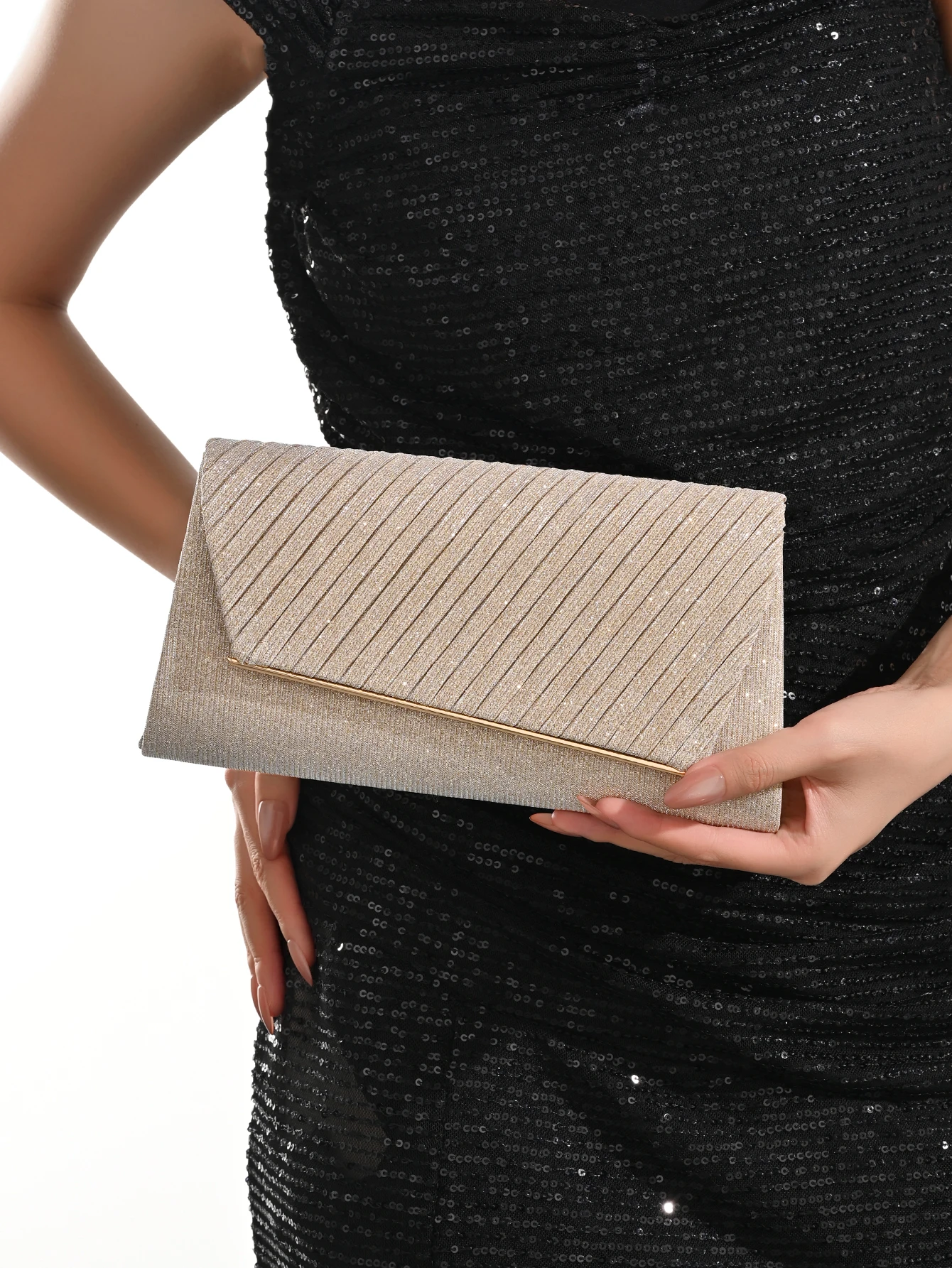 Women's Clutch Bag, Glitter Bling, Luxury, Shiny Envelope Clutch Bag With Thin Cross Textured Gold Hardware Pu For Women