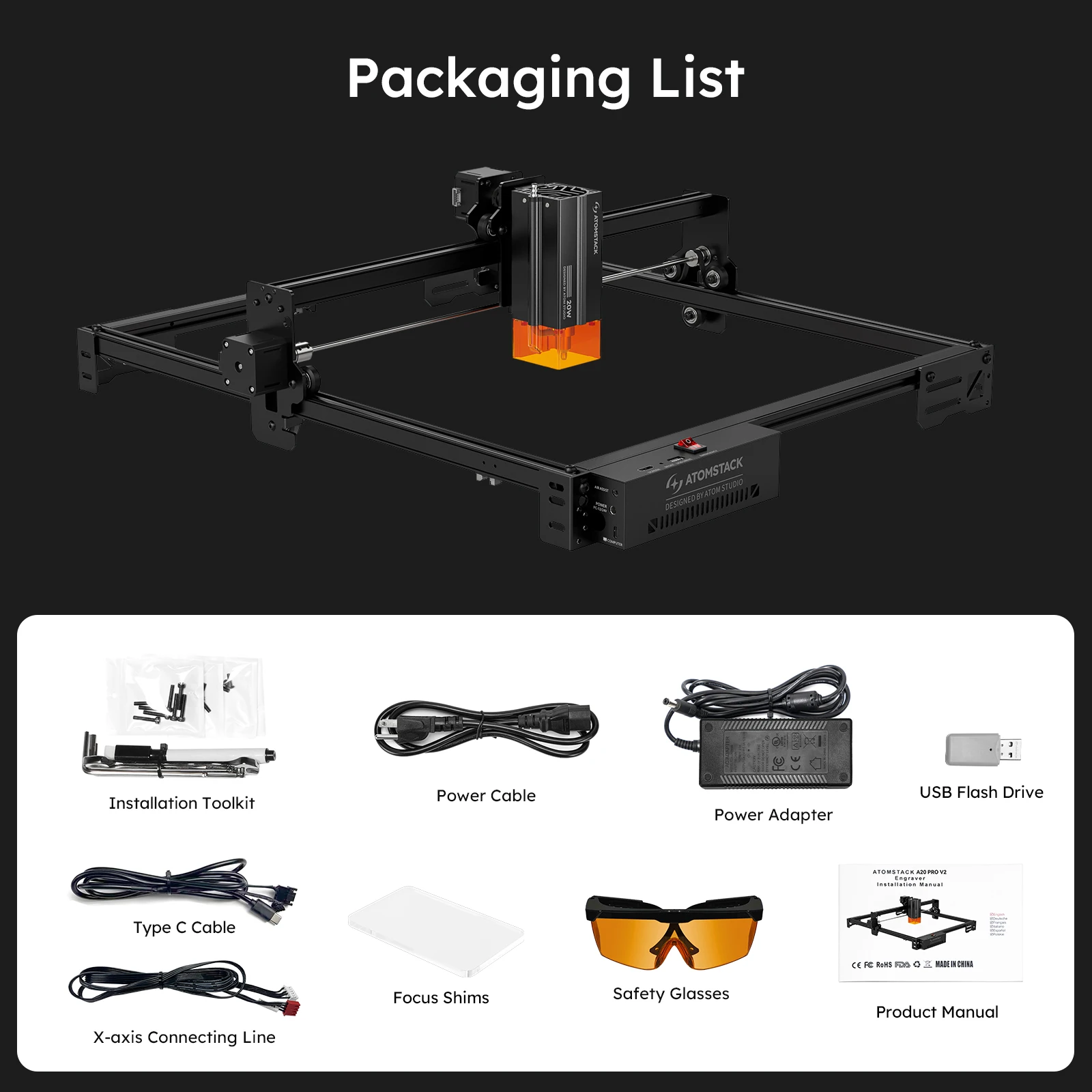 Atomstack A20 Pro V2 Macchina per incisore laser 20W Quad-Laser Cutter Metallo Arcilico Legno Vetro 400 * 365mm