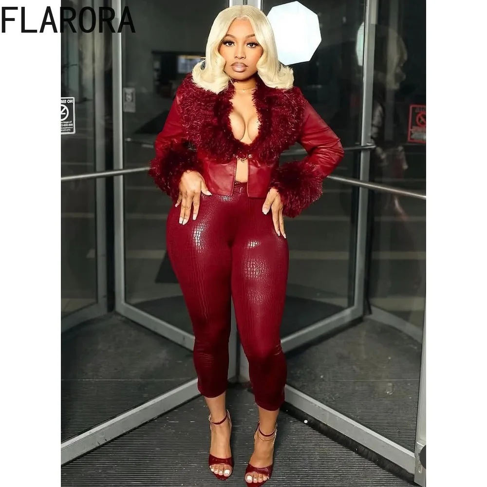 FLARORA Moda Patchwork in pelliccia sintetica Set da 2 pezzi Donna Cardigan con scollo a V Giacche e pantaloni skinny Abiti Autunno Vintage Streetwear