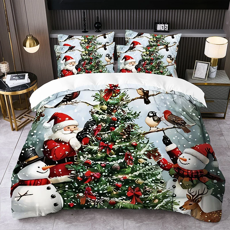 Christmas Pattern Duvet Cover Set Santa Claus Reindeer Sleigh Christmas Tree Snowflakes Quilt Cover 2pcs/3pcs Bedding