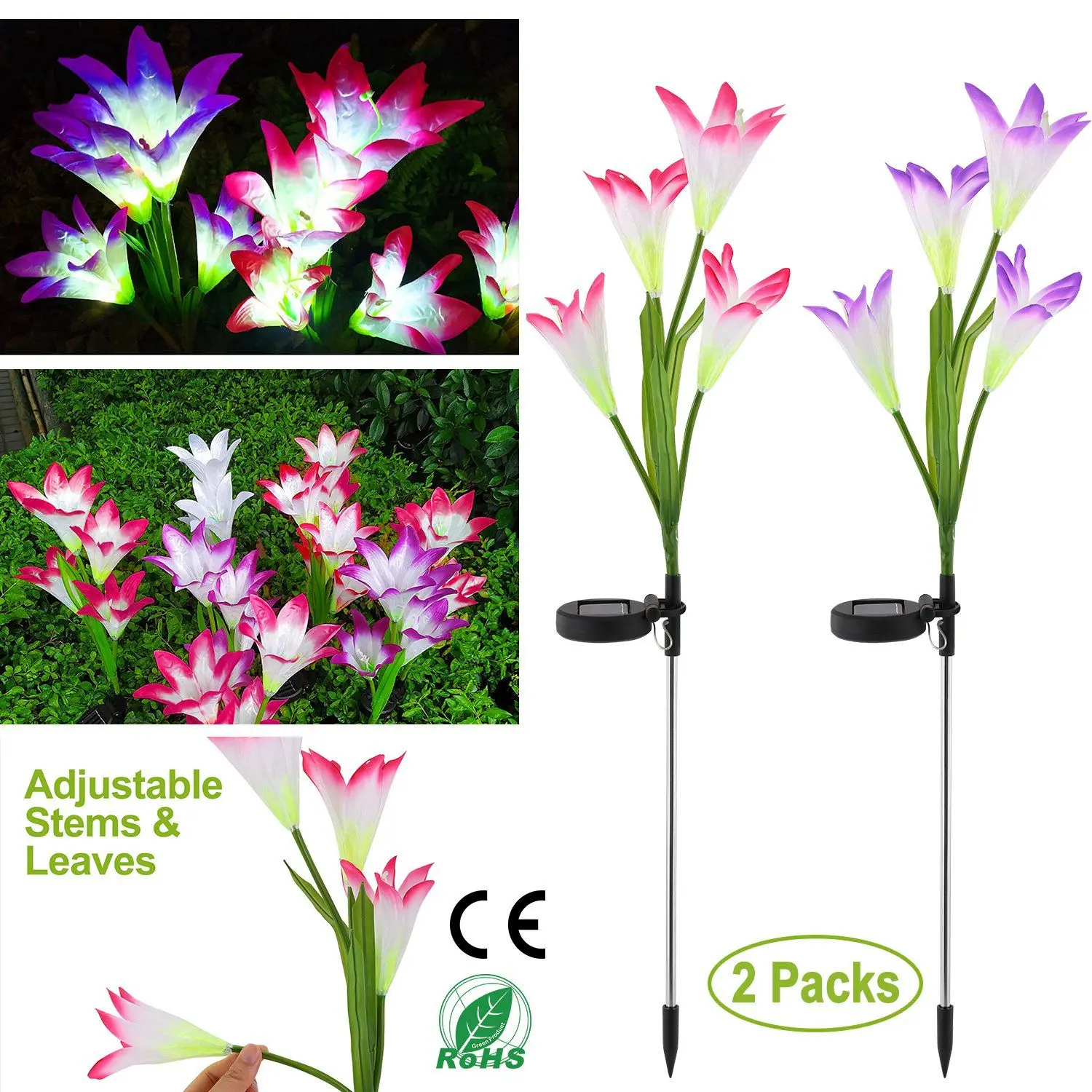 

For 2Pcs Solar Garden Lights Outdoor Lily Flower LED Light 7-Color Changing IP65 Waterproof