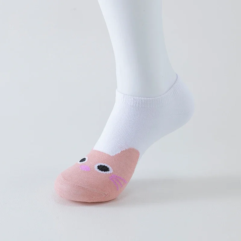 5 Pairs Women's Short Boat Socks, Cute Pink Cat Thin All Season Socks, Slow Top Fashionable Socks