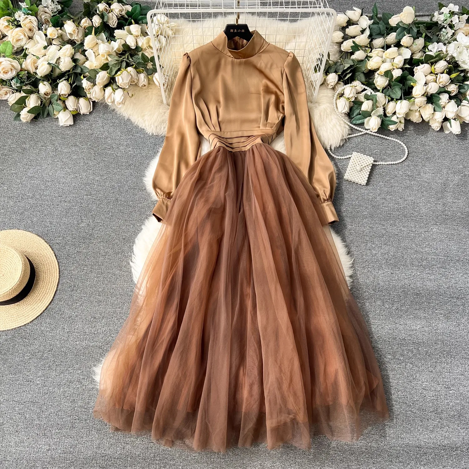 High Quality Women Spring Autumn Stand Collar Long Sleeve Mesh Patchwork Casual Party Fashion Elegant Holiday Dresses