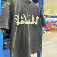 Summer Oversized Vintage Washed Black Splash-Ink Saint T Shirt Men Women 3D Cracked Letters Logo Print Tee Cotton T-Shirt