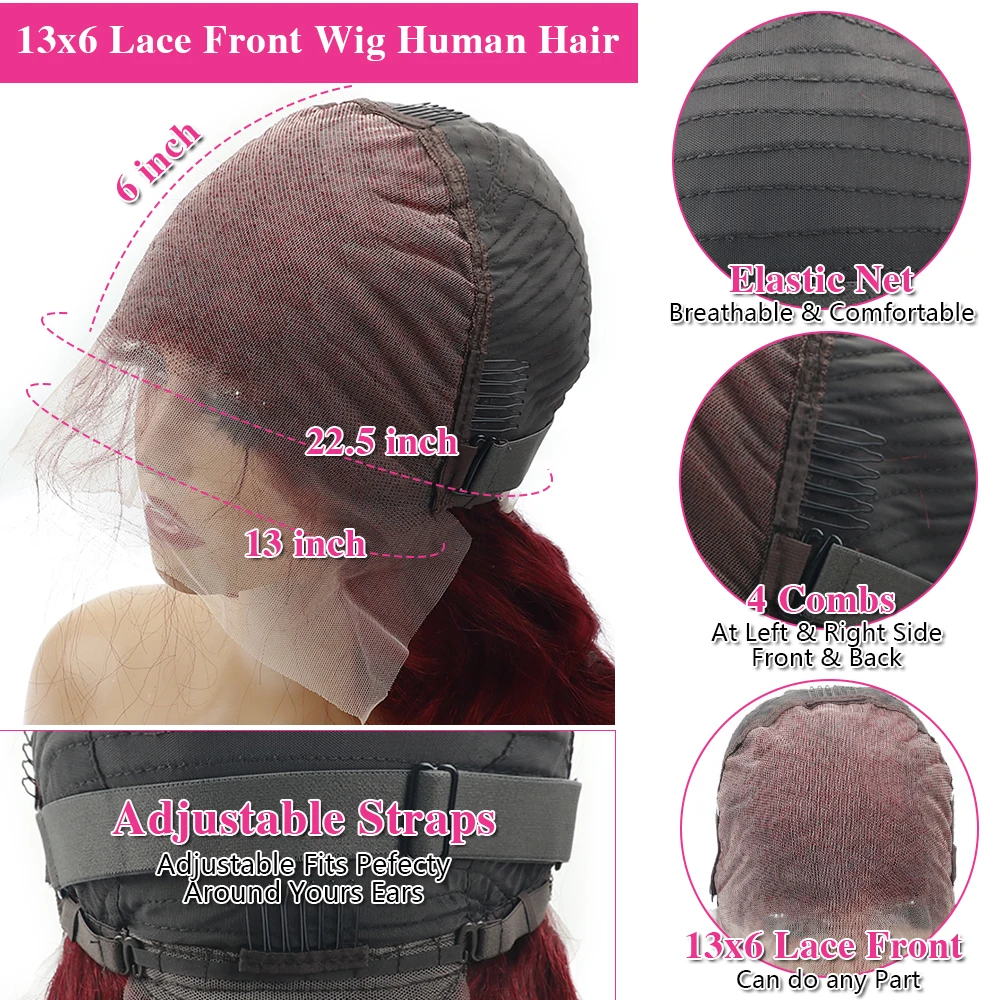 220% 99j بورجوندي 13x6 مستقيم الدانتيل أمامي باروكة من شعر طبيعي 40 46 بوصة الباروكات 13X4 HD الدانتيل الشفاف الملونة شعر مستعار أحمر للنساء