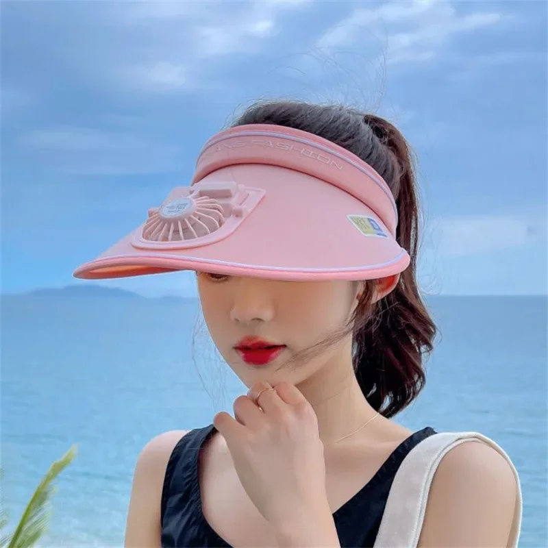 Summer UV Protection Visor Women Beach Hat 3-speed Regulation Electric Fan Empty Top Hat Holiday Sunshade Bicycle Sun Hat