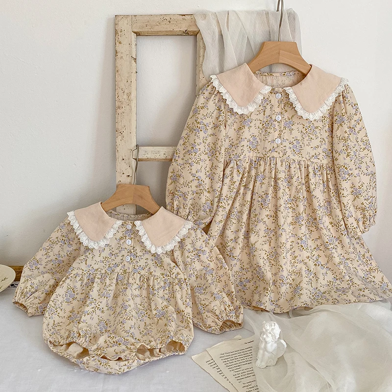 European American Style Autumn Spring Sister Dress Kids Princess Dresses Baby Girls Rompers Long Sleeved Cotton Floral Printing