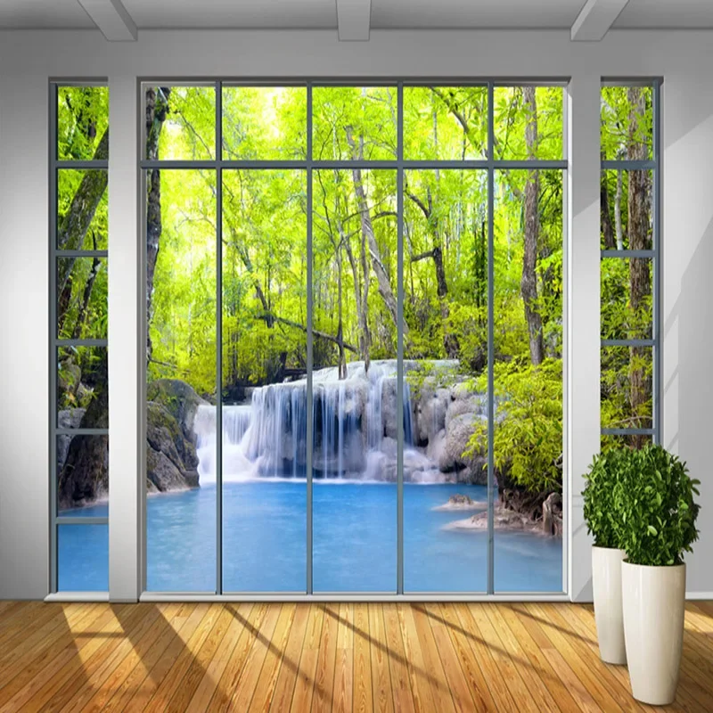 Papel de parede 3d janela floresta cachoeira natureza murais de paisagem sala de estar tv sofá de parede pano 3 d papel de parede parede de parede