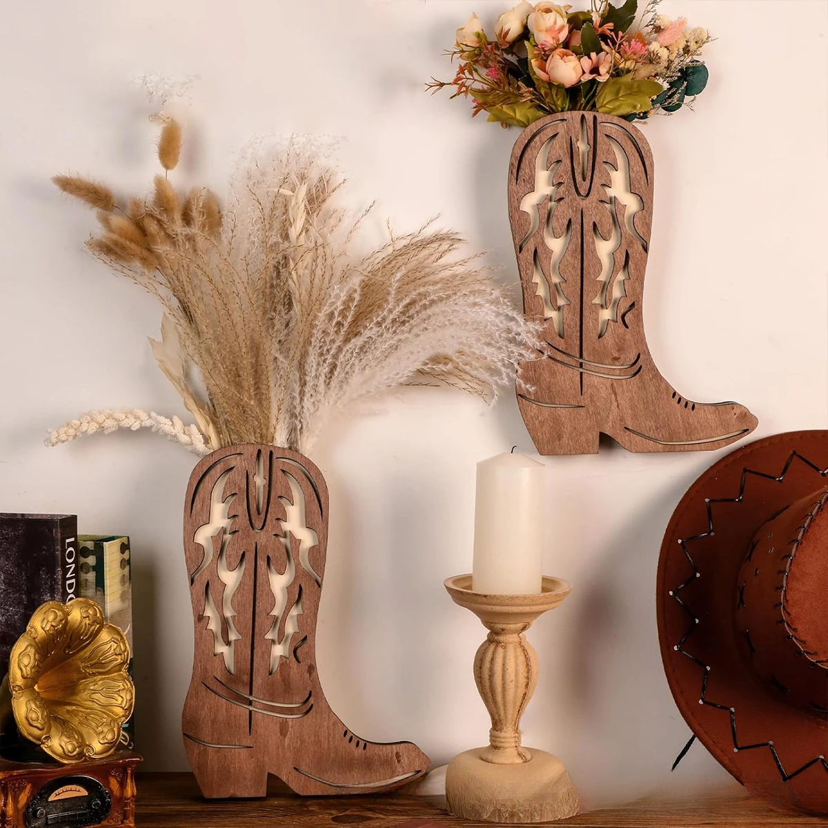 Wooden Cowboy Boot Dried Flower Plant Shelf Wall Hanging Indoor Vase Greenery Hanging Art Ornament Display Shelf Home Decor