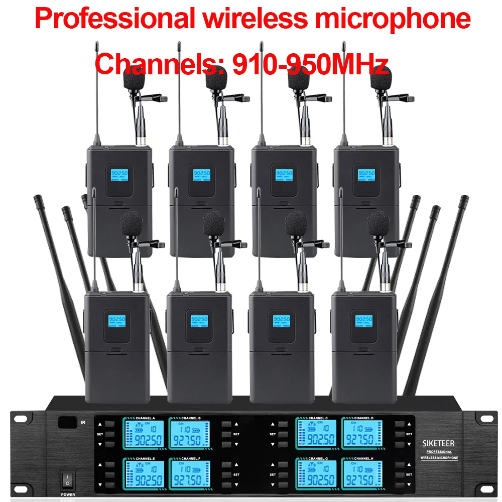 Microphone sans fil, 8 canaux, 910-950 MHz, microphone portable, adapté aux mariages, églises et aux performances sur scène.
