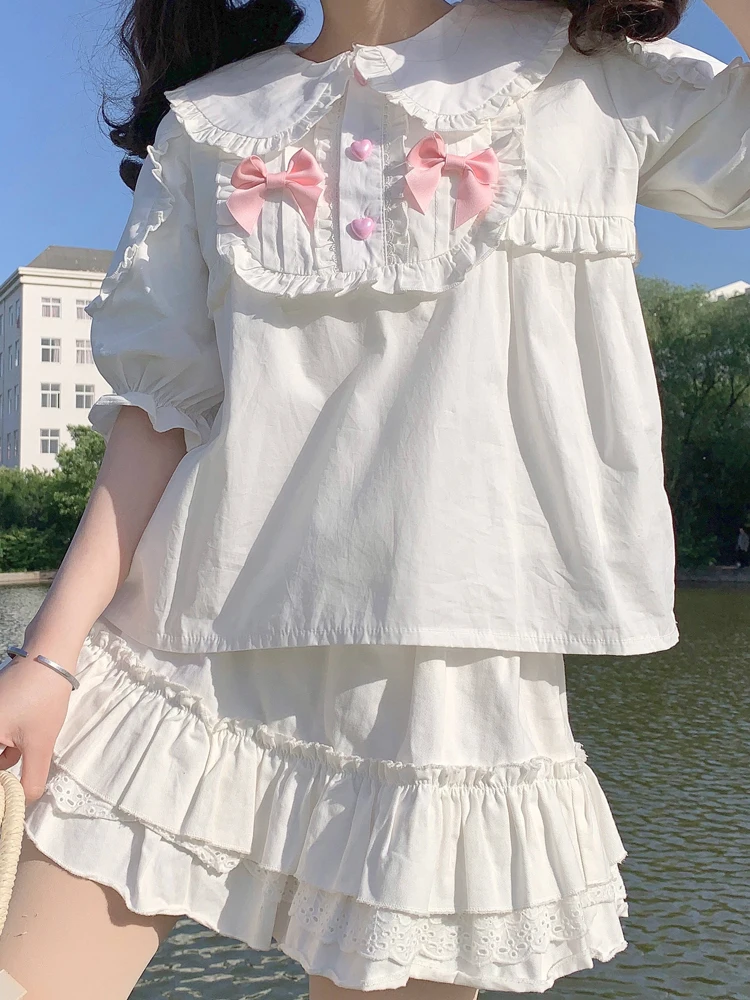 KIMOKOKM Japanese Sweet Pullover Shirt Peter Pan Collar Bear Ear Ruffled Kawaii Puff Sleeve Basic Lolita Girly Blouses Shirt