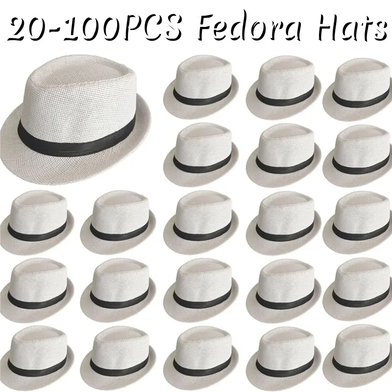 20-100-pack-1920s-fedora-hats-for-men-short-brim-sun-hats-classic-pork-pie-hats-summer-hat-for-wedding