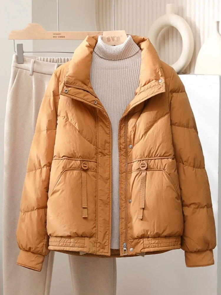 Nieuw in verdikte korte donskatoenen jas voor dames Winterseizoen College-stijl Trendy verdikte opstaande kraag dameskleding