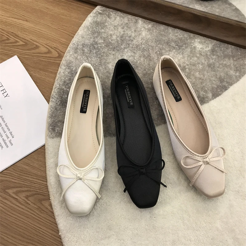 Luxury Lace Tie Leg Satin Silk Ballet Flats Woman Square Toe Bowknot Elastic Band Ballerinas Ladies Wedding Mary Janes Shoes