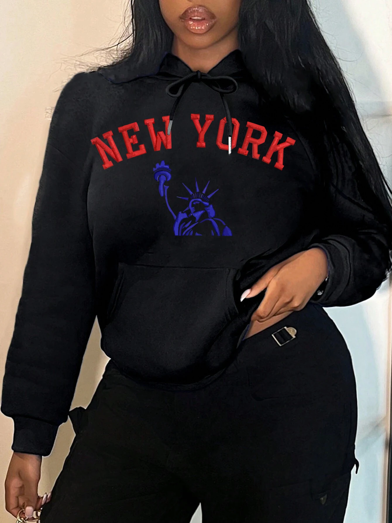 

y2k clothes NEW YORK Letter printed Womens Hoody Sweatshirt Crew neck Casual Knit Pullover Hooded Street Oversize Clothes