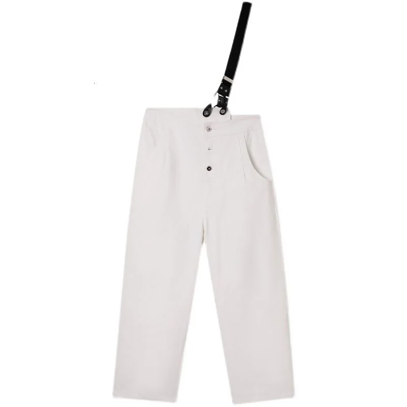 FEWQ 2023 New Japan Korean Style White Overalls Personality Elastic Strap Trend Loose Casual Pants Asymmetrical Design Trousers