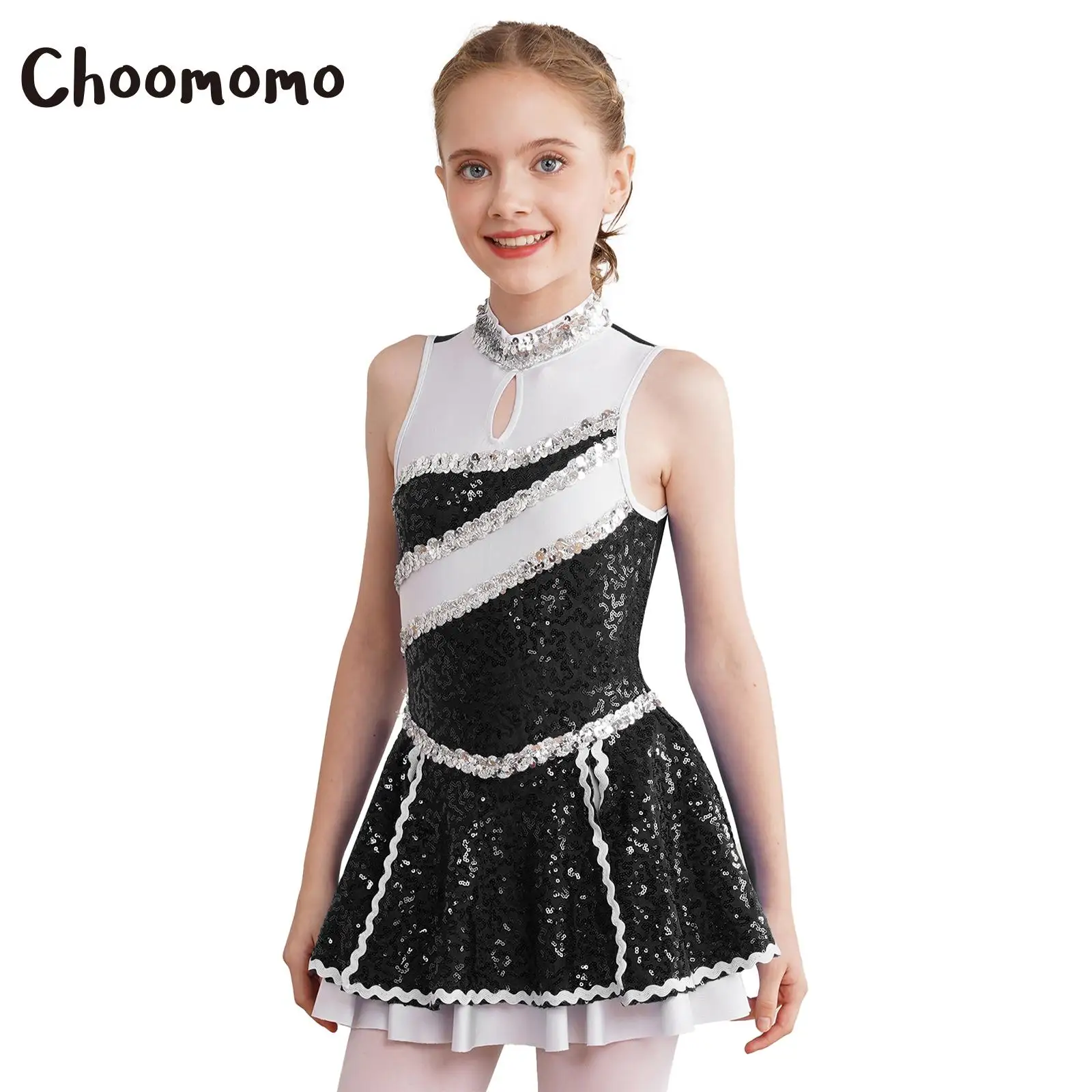 

Kids Girls Cheer Leading Costume Sleeveless Round Neck Sequins Decorated Color Patchwork Multi-layer High Waist Pleated Dress