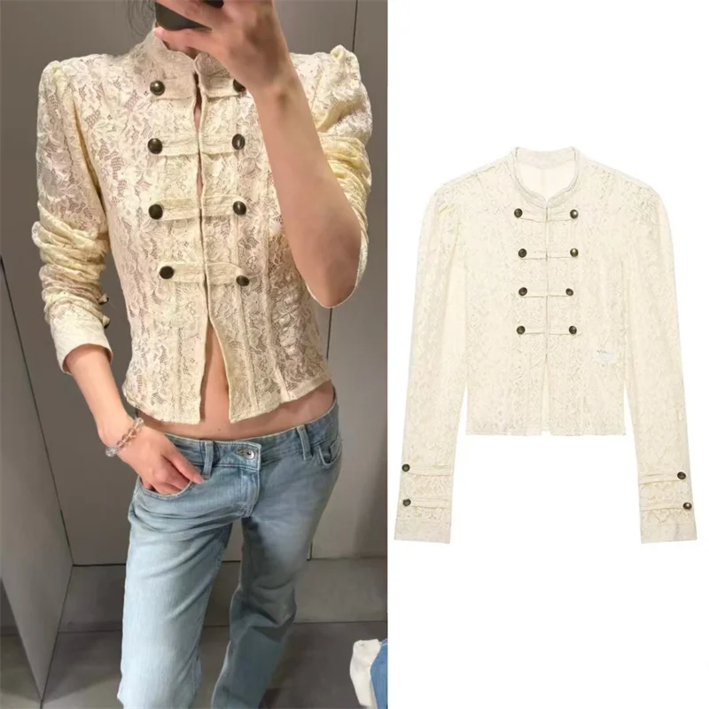 Guobioziy Women's Jacket 2026 Fall New Arrival Light Yellow Long Sleeve Lace Knot Button Decorative Slim Jacket Elegant