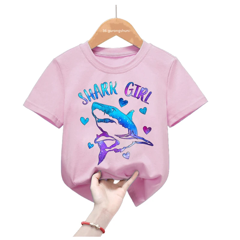 Watercolor Shark Girl Love Graphic Print Pink T Shirt Girls Funny Children'S Clothing Summer Short Sleeve Whale Tshirt