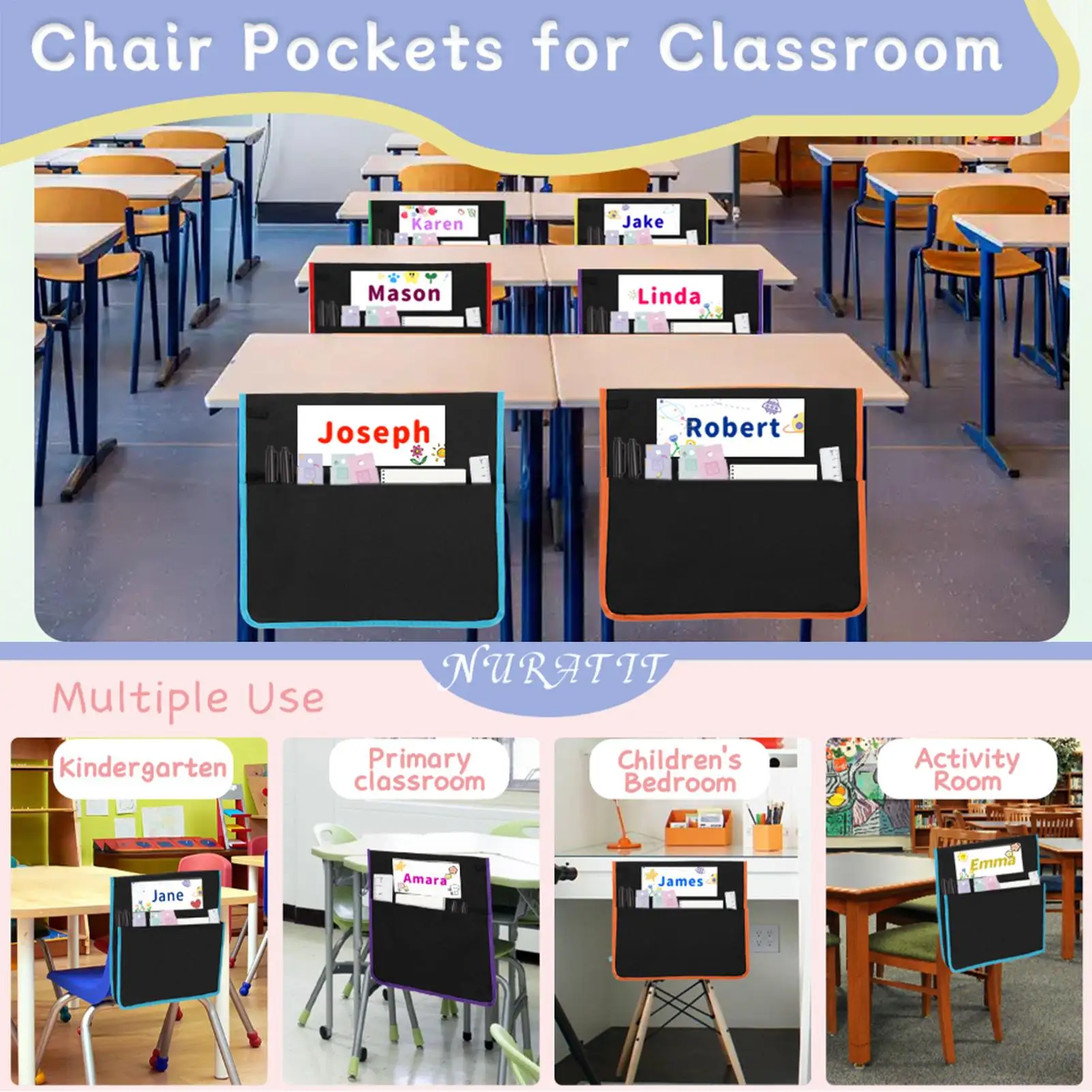 12Pcs Chairback Pocket Chart Student Chair Pockets Chairback Classroom Organizer Bag with Name Tag for Desktop Organization