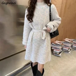 Dzianinowe sukienki damskie Solidne sznurowane A-line O-neck Midi Winter Korean Style Warm Sweet Lovely Chic Loose All-match 4 Colors S-3XL