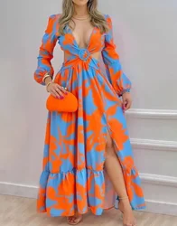 2022 Spring Women Long Sleeved Cutout V-Neck Twist Summer Elegant Tie Dyed Floral Printed Lantern Sleeve Split Thigh Maxi Dress