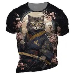 Japanese Sakura Samurai Cat Print T Shirt For Men 3D Cartoon Anime T-Shirt Harajuku Style Tops Casual Oversized Short Sleeve Tee