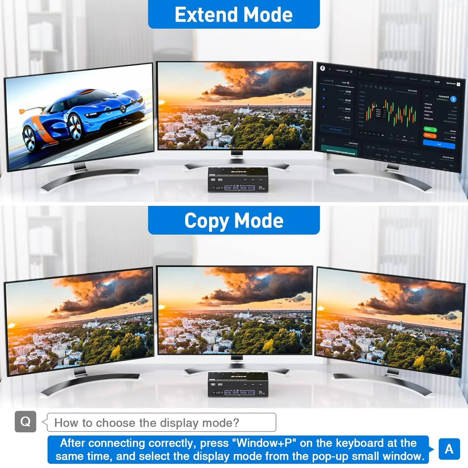 Triple HDMI + Displayport Switch KVM 3 Monitor 3 computer USB 3.0 KVM per Monitor Mouse tastiera 8K @ 60Hz 4K @ 144Hz con 4 USB 3.0