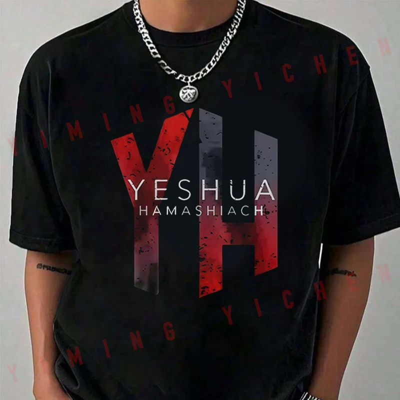YH Hebrew Letter Print Motorcycle T-shirt Casual Trendy Tshirts For Summer Comfortable Short Sleeve Tops