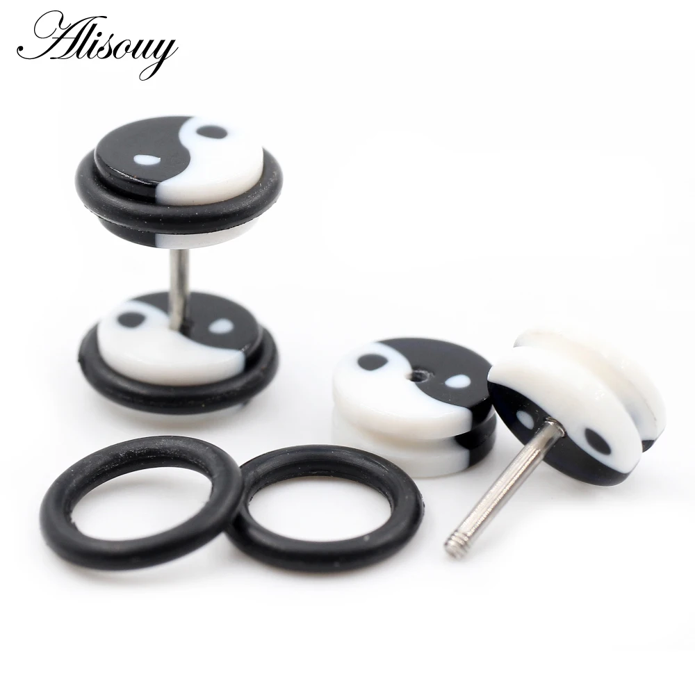 Alisouy 2pcs 8/10mm Bagua Tai Chi Diagram Acrylic Unisex Men Women Barbell Round Ear Stud Earrings Tragus Helix Piercing Jewelry