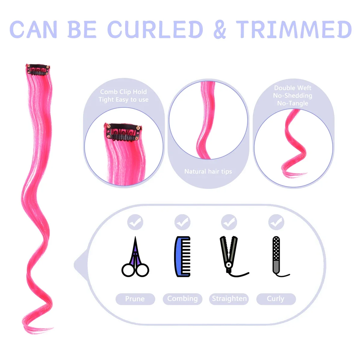 Synthetic Hair Extensions With One Clip Heat Resistant Rainbow Hair Piece For Kid Women Long Curly Wavy Style Colorful Hair10Pcs