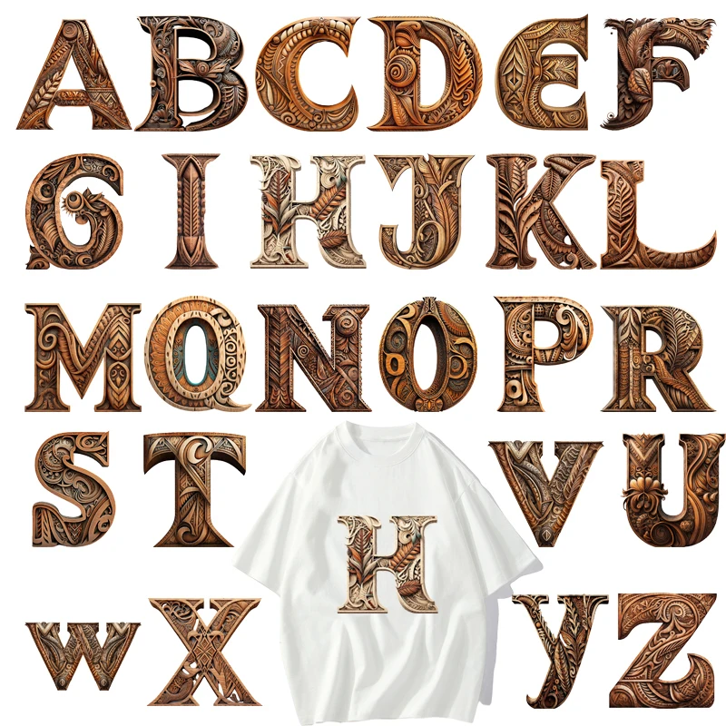 26 letter wood grain visual design A-Z letter hot stamping DTF Thermo Sticker Decals Heat Transfer Clothes Clothing Diy Accessor