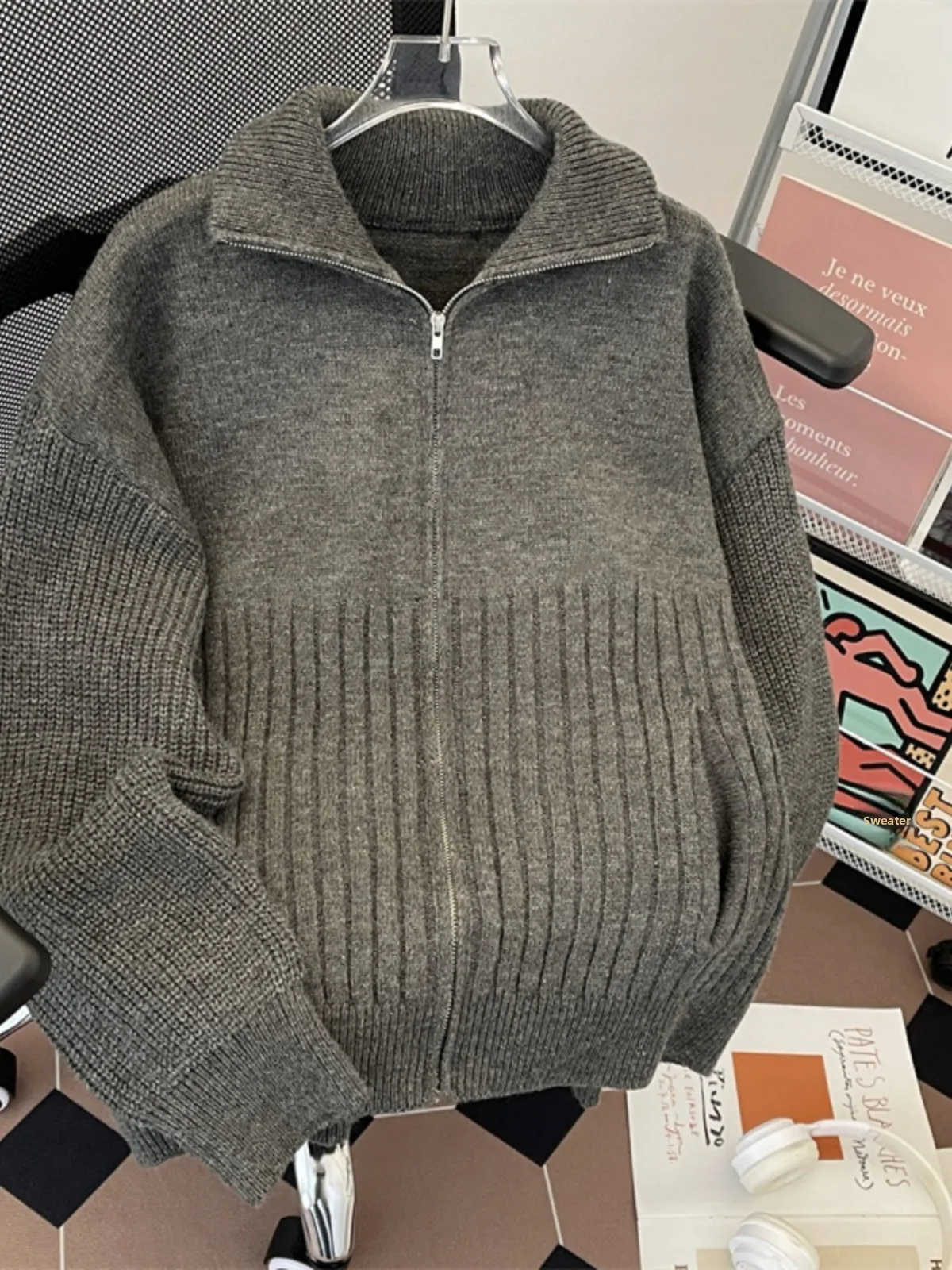 

Zipper High Collar Men's Knitted Sweater Thiened Retro Sle Loose Fit Autumn Winter Faion American Open Cardigan Coat