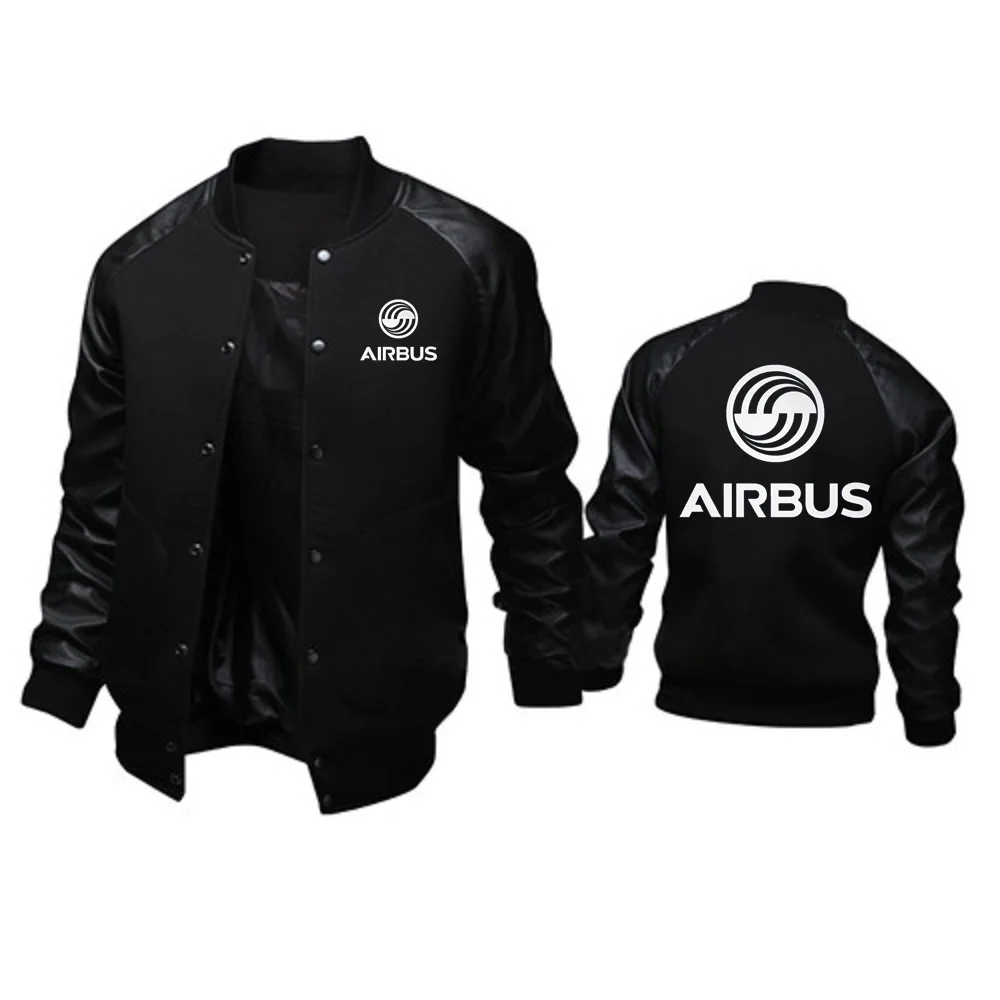 Men\'s Baseball Coats Patchwork PU Sleeve Stand Collar Jackets Outerwear AIRBUS AVIATION Flight Airbusfan A320  Men Jacket S-4XL